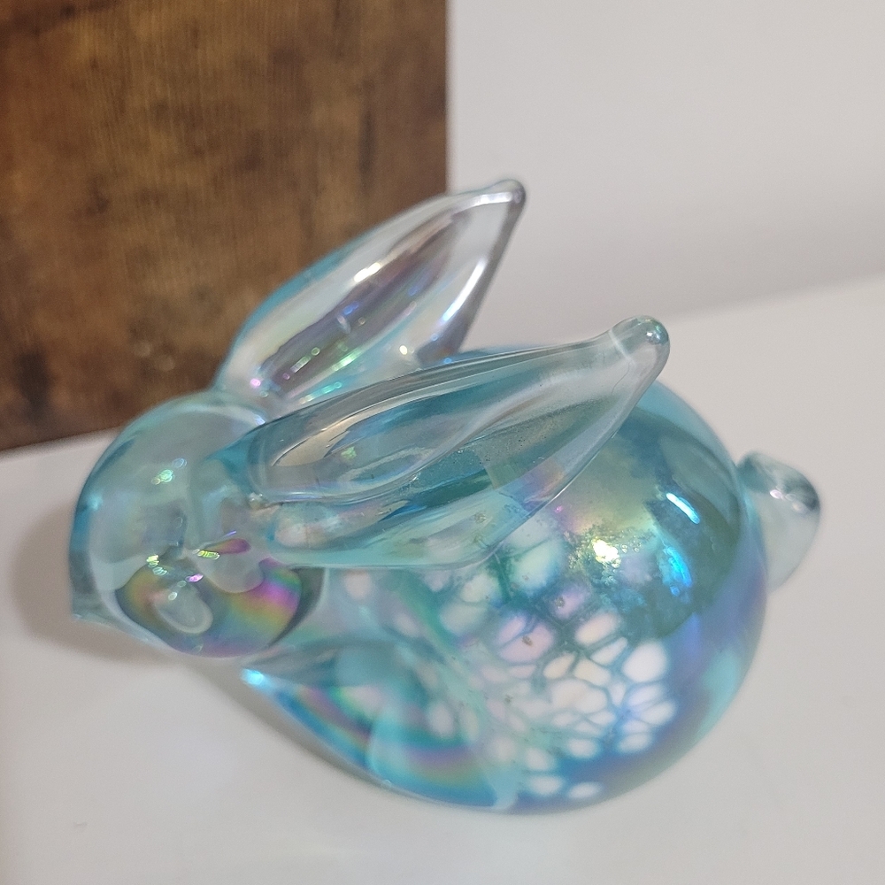 Vintage Blue Iridescent Art Glass Bunny Rabbit Figure Paperweight